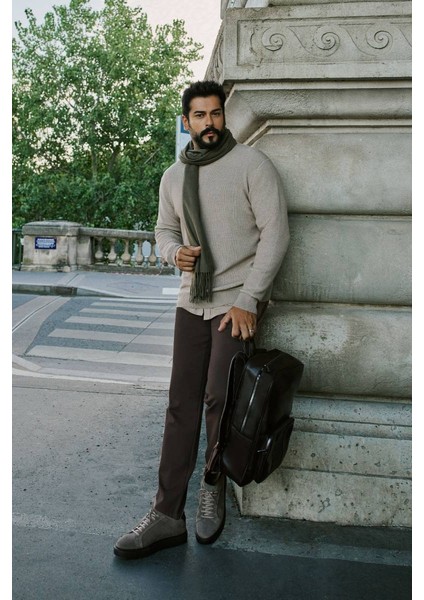 Slim Fit Dar Kesim Pamuklu Esnek Armürlü Yan Cep Kahverengi Pantolon