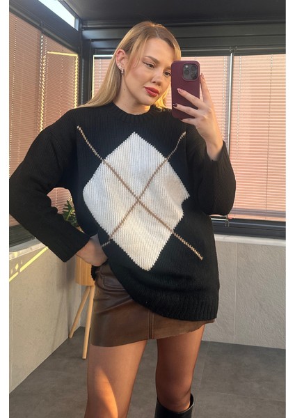 Siyah Baklava Desenli Kazak modelleri