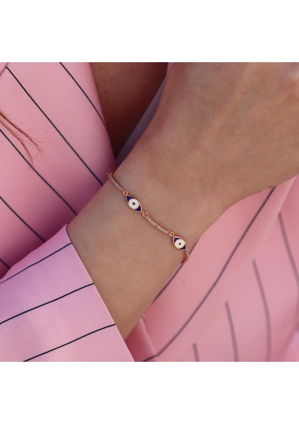 Zirkon Taşlı Lacivert Mine Işli Göz Modeli Rose Gold Kaplama Gümüş Bileklik