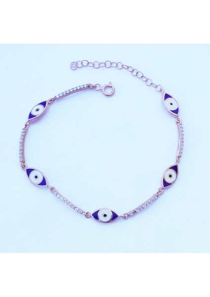 Zirkon Taşlı Lacivert Mine Işli Göz Modeli Rose Gold Kaplama Gümüş Bileklik fiyatları