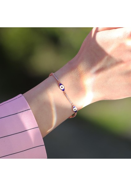 Zirkon Taşlı Lacivert Mine Işli Göz Modeli Rose Gold Kaplama Gümüş Bileklik modelleri