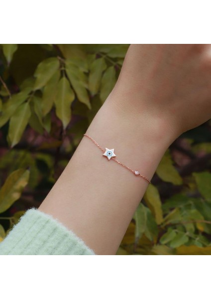 Yıldız Figürlü Zirkon Taşlı Mine Işli Rose Gold Kaplama Gümüş Bileklik