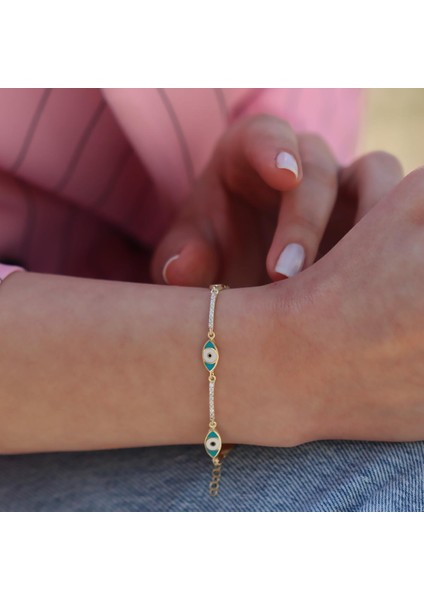 Zirkon Taşlı Mavi Mine İşli Göz Modeli Gold Kaplama Gümüş Bileklik