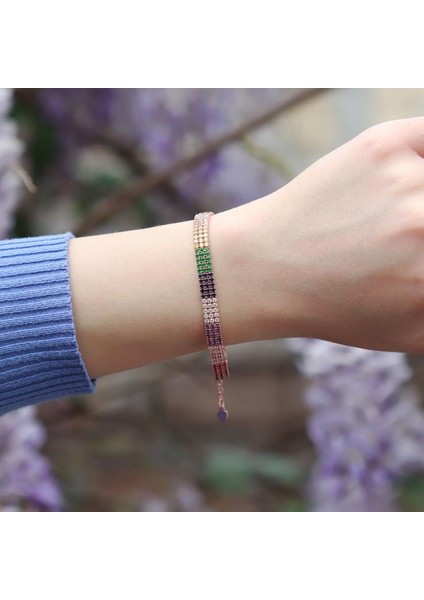 3 Sıra Renkli Zirkon Taşlı Ince Rose Gold Kaplama Su Yolu Gümüş Bileklik