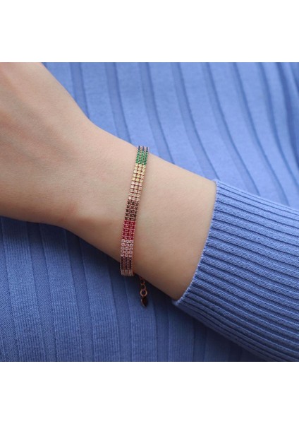 3 Sıra Renkli Zirkon Taşlı Ince Rose Gold Kaplama Su Yolu Gümüş Bileklik