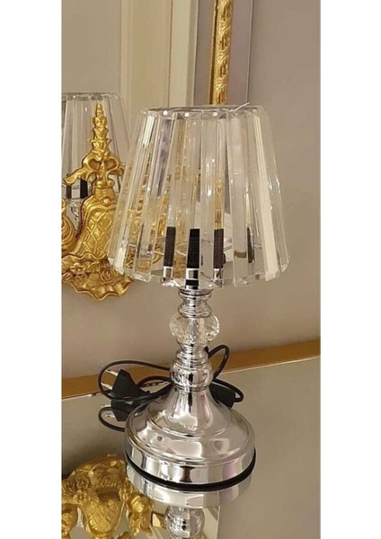 E14 Kristal Taşlı Abajur 35 cm Metal Modern 1 0-15 Gümüş