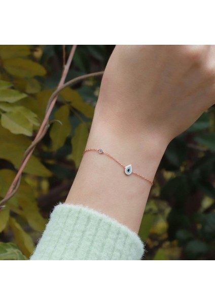 Damla Figürlü Zirkon Taşlı Mine Işli Rose Gold Kaplama Gümüş Bileklik