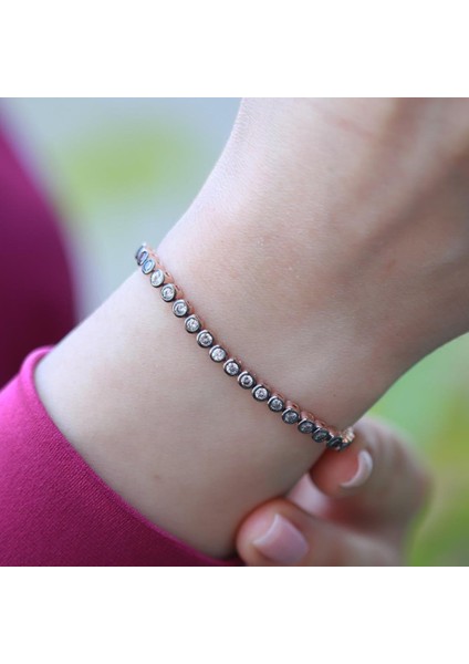 Elmas Montür Rose Gold Kaplama Su Yolu Gümüş Bileklik