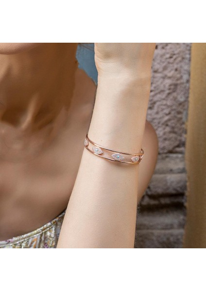 Turkuaz Taş Detaylı Rose Gold Kaplama Gümüş Göz Kelepçe