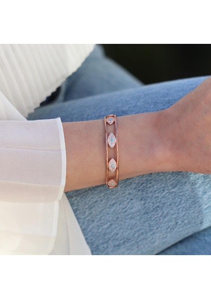 Turkuaz Taş Detaylı Rose Gold Kaplama Gümüş Göz Kelepçe