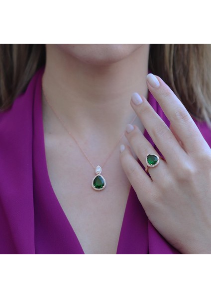 Kök Zümrüt Taşlı Rose Gold Kaplama Damla Gümüş Takım fiyatları