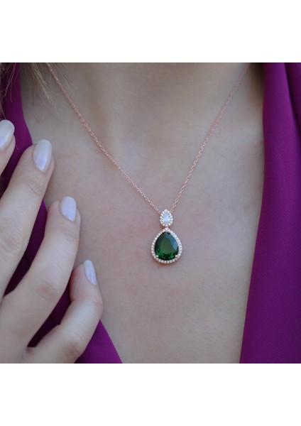 Kök Zümrüt Taşlı Rose Gold Kaplama Damla Gümüş Takım modelleri