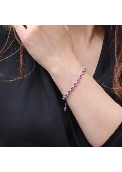 Damla Lal Taş Etrafı Zirkon Taşlı 925 Ayar Gümüş Bileklik fiyatları