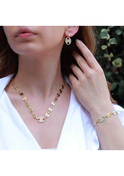 Düğme Modeli Zirkon Taşlı Gold Kaplama Gümüş Set