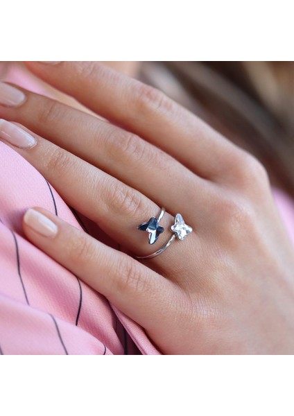 Swarovski Taşlı Renkli Kelebek Gümüş Yüzük