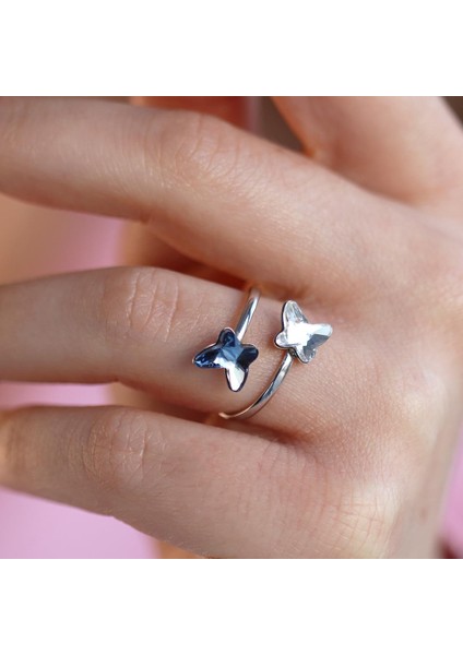 Swarovski Taşlı Renkli Kelebek Gümüş Yüzük modelleri