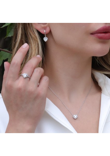 Kalp Pandora Model Zirkon Taşlı Gümüş Set