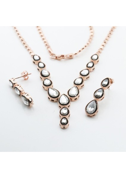 Elmas Montür Zirkon Taşlı Rose Gold Kaplama Su Yolu Gümüş Set indirimleri