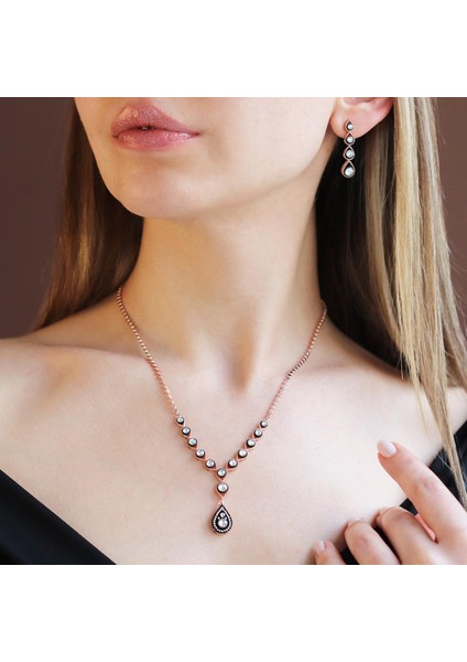 Elmas Montür Zirkon Taşlı Damla Model Rose Gold Kaplama Gümüş Set