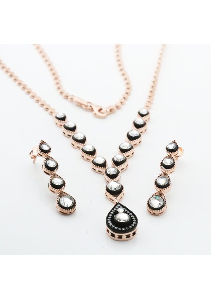 Elmas Montür Zirkon Taşlı Damla Model Rose Gold Kaplama Gümüş Set fiyatları