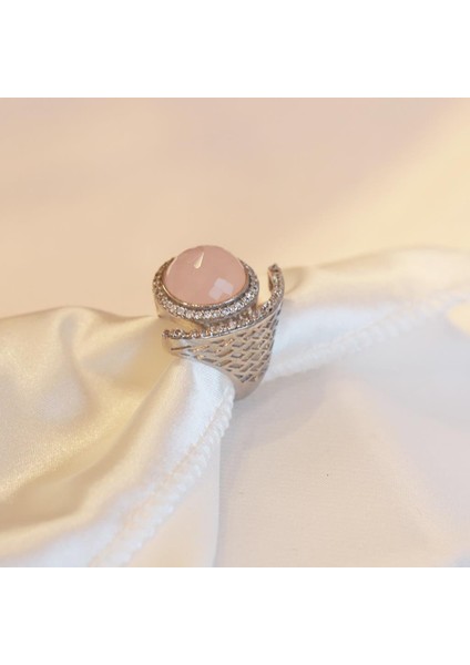 Pembe Kuvars Taşlı Hilal Model Ayarlanabilir Gümüş Yüzük