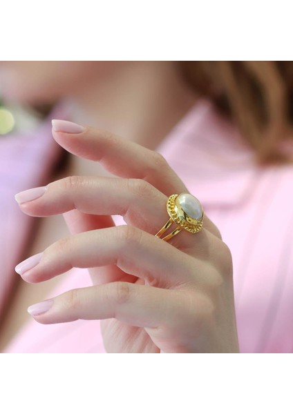Başak Model Barok Inci Gold Kaplama Gümüş Yüzük