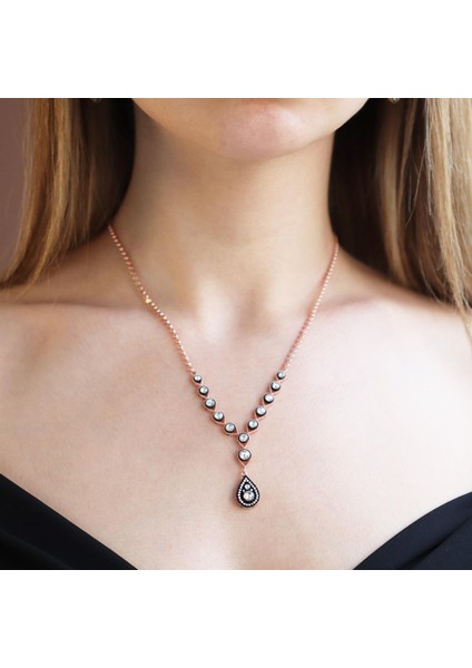 Elmas Montür Zirkon Taşlı Damla Model Rose Gold Kaplama Gümüş Set indirimleri