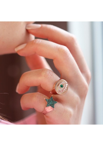 Zirkon Taşlı Göz ve Yıldız Figürlü Ikili Gümüş Yüzük
