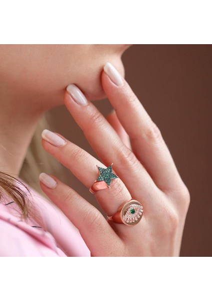 Zirkon Taşlı Göz ve Yıldız Figürlü Ikili Gümüş Yüzük fiyatları