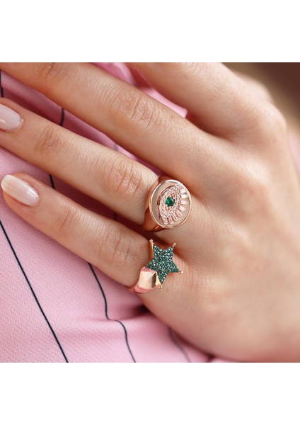 Zirkon Taşlı Göz ve Yıldız Figürlü Ikili Gümüş Yüzük modelleri