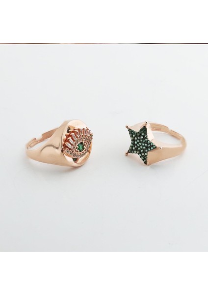 Zirkon Taşlı Göz ve Yıldız Figürlü Ikili Gümüş Yüzük fırsatları