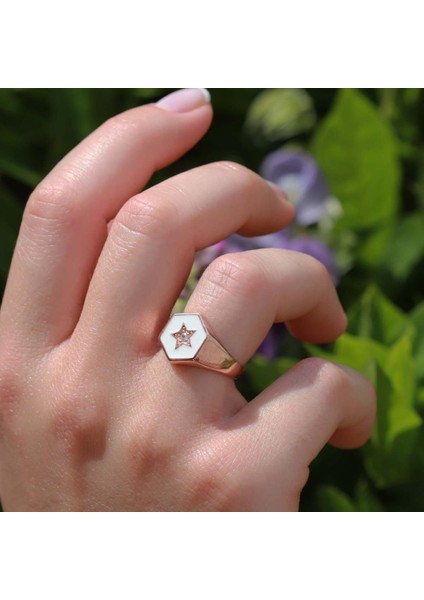 Yıldız Modeli Beyaz Mine Işli Rose Gold Kaplama Ayarlanabilir Gümüş Yüzük