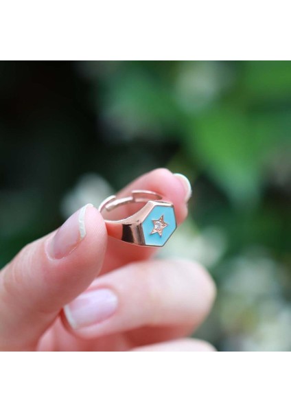 Yıldız Modeli Mavi Mine Işli Rose Gold Kaplama Ayarlanabilir Gümüş Yüzük