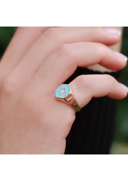 Yıldız Modeli Mavi Mine Işli Rose Gold Kaplama Ayarlanabilir Gümüş Yüzük fiyatları