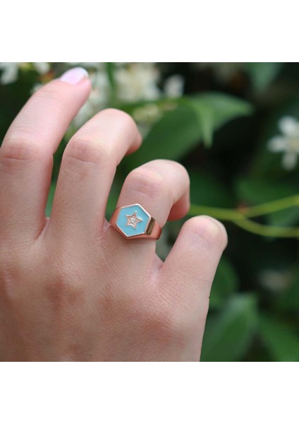 Yıldız Modeli Mavi Mine Işli Rose Gold Kaplama Ayarlanabilir Gümüş Yüzük modelleri