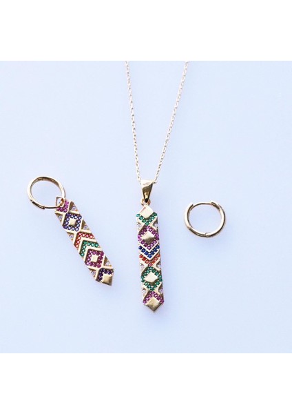 Apm Modeli Gold Kaplam Renkli Zirkon Taşlı Gümüş Set fiyatları