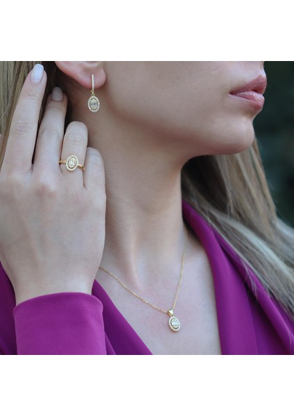 Baget Kesim Oval Montürlü Zirkon Taşlı Gold Kaplamagümüş Set