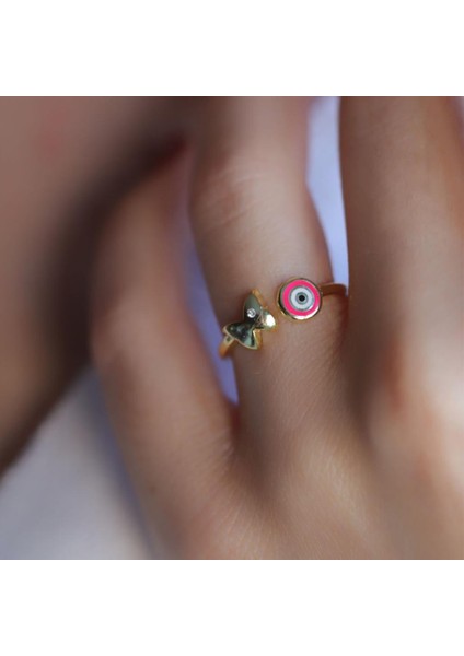 Gold Kaplama Nazar Boncuklu ve Kelebekli Ayarlanabilir Gümüş Yüzük