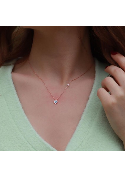 Kalp Figürlü Zirkon Taşlı Mine Işli Rose Gold Kaplama Gümüş Set modelleri