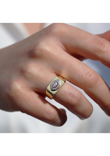 Taşlı Gold Kaplama Gümüş Göz Yüzük