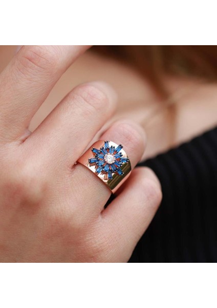 Mavi Kutup Yıldızı Zirkon Taşlı Rose Gold Kaplama Ayarlanabilir Gümüş Yüzük