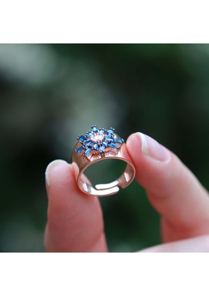 Mavi Kutup Yıldızı Zirkon Taşlı Rose Gold Kaplama Ayarlanabilir Gümüş Yüzük fiyatları