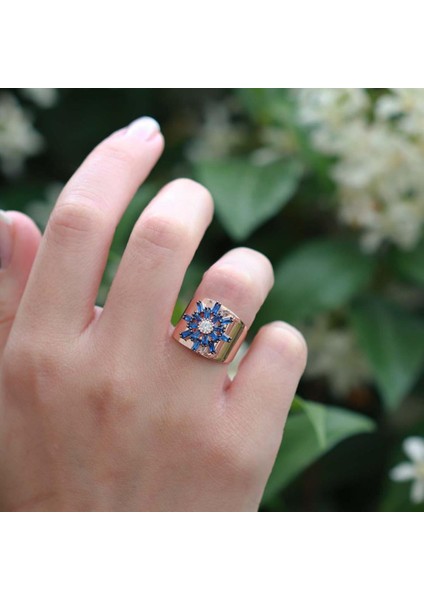 Mavi Kutup Yıldızı Zirkon Taşlı Rose Gold Kaplama Ayarlanabilir Gümüş Yüzük modelleri
