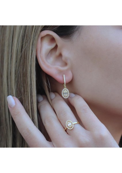 Baget Kesim Oval Montürlü Zirkon Taşlı Gold Kaplamagümüş Set