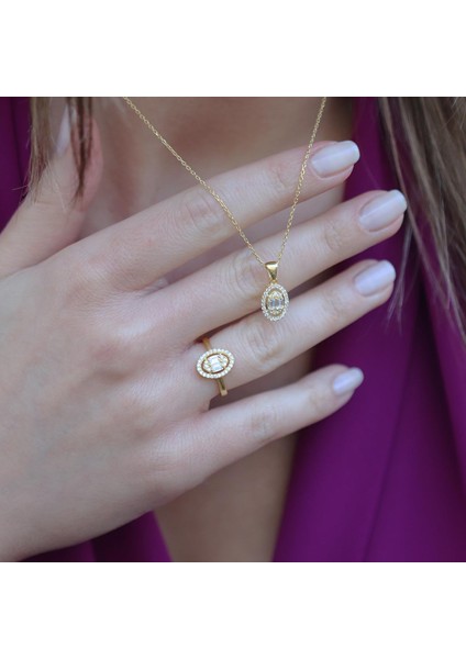 Baget Kesim Oval Montürlü Zirkon Taşlı Gold Kaplamagümüş Set