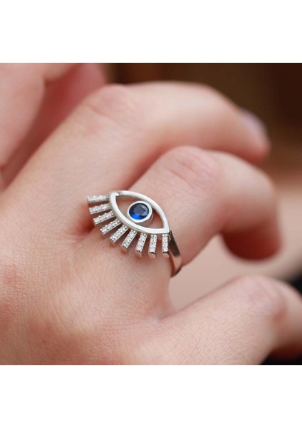 Mavi Göz Zirkon Taşlı Ayarlanabilir Gümüş Yüzük