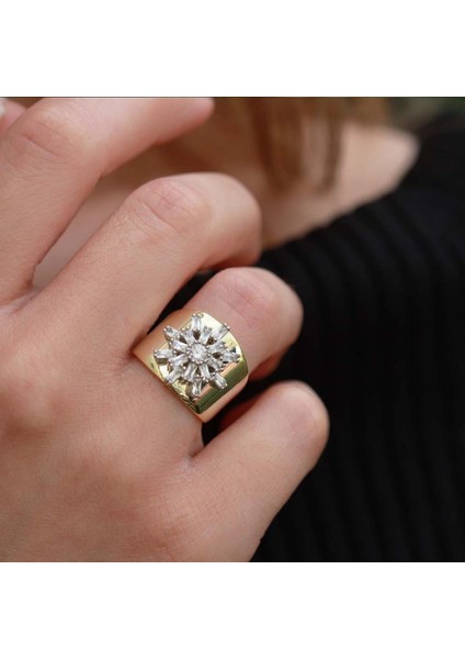 Kutup Yıldızı Zirkon Taşlı Gold Kaplama Ayarlanabilir Gümüş Yüzük