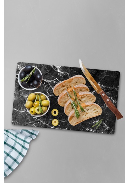 Siyah Mermer Desenli Temperli Cam Kesme Tahtası - Cam Kesme Tablası 20*30 Cm