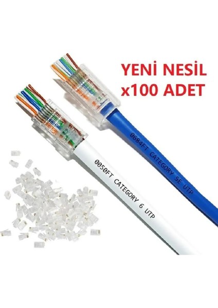 Yeni Nesil RJ45 Cat 6 Konnektör 100 Lü Paket Tüm RJ45 Cat5/cat6 Network Bağlantılarına Uygun