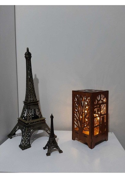 Dekoratif Mini Özel Tasarım Ahşap Abajur Masa Süsü Pilli Peri Ledli Kedi ve Ağaç Desenli 20 x 10 cm